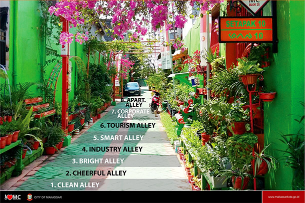 colorful urban alley filled with plants and flowers