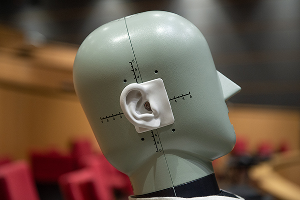 Gray dummy head with white ear used for acoustical research.