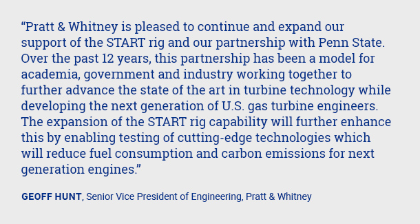 Pratt & Whitney is pleased to continue and expand our support of the START rig and our partnership with Penn State. Over the past 12 years, this partnership has been a model for academia, government and industry working together to further advance the state of the art in turbine technology while developing the next generation of U.S. gas turbine engineers. The expansion of the START rig capability will further enhance this by enabling testing of cutting-edge technologies which will reduce fuel consumption and carbon emissions for next generation engines. Geoff Hunt, senior vice president of engineering, Pratt & Whitney 