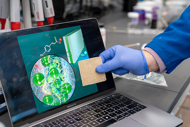 A gloved hand holds a porous ion resin wafer, which resembles a sponge, against a computer screen showing a colorful scientific journal cover