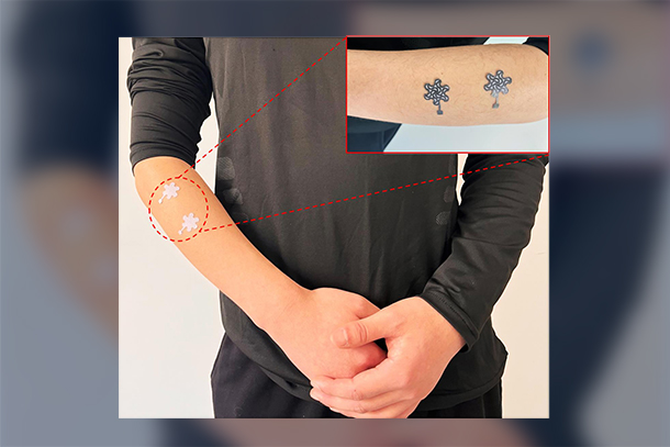 Two sensors on a forearm, with a smaller image showing the sensors up close