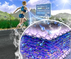 Illustration of running person with short blonde hair and teal athletic gear. Graphic zoom-out of biosensor to measure sweat.