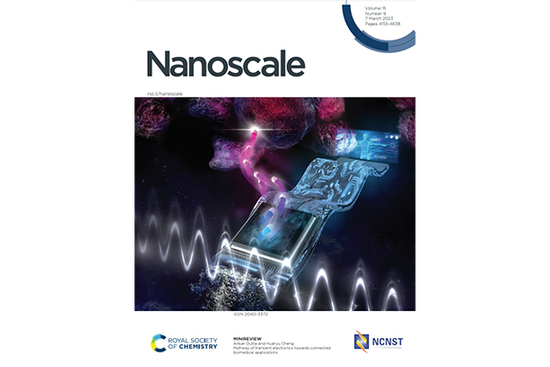 The March 2023 cover of the research journal, Nanoscale. The cover shows a wavy transient electronic and an image of the human body and pills.