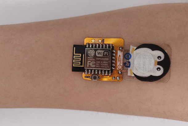 Penguin-shaped sensing device is attached to a person's forearm