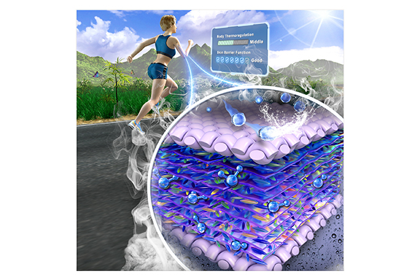 Illustration of running person with short blonde hair and teal athletic gear. Graphic zoom-out of biosensor to measure sweat
