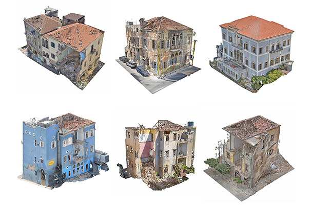 3D models of six damaged buildings on a white background
