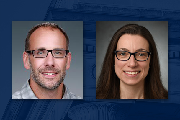 Two professional headshots on a blue background