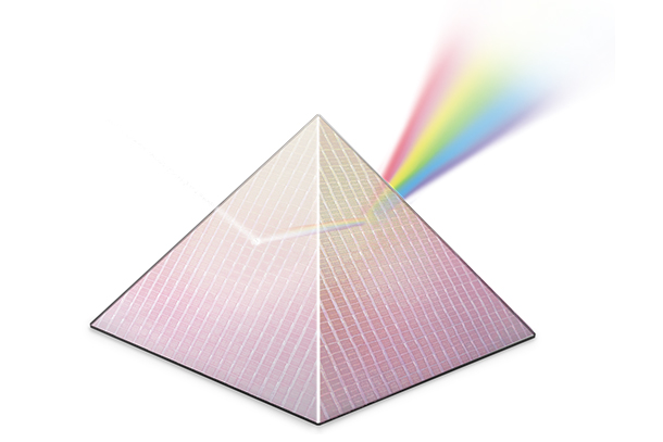 A gray and pink prism logo is seen with a rainbow at its upper right corner