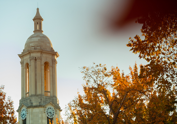 Old Main bell tower in the fall
