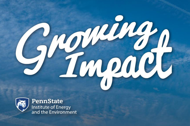 A blue and white 'Growing Impact' podcast header with a Penn State Institute of Energy and the Environment logo.  