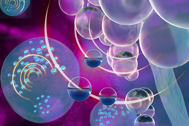 An up-close depiction of purple and blue bubbles