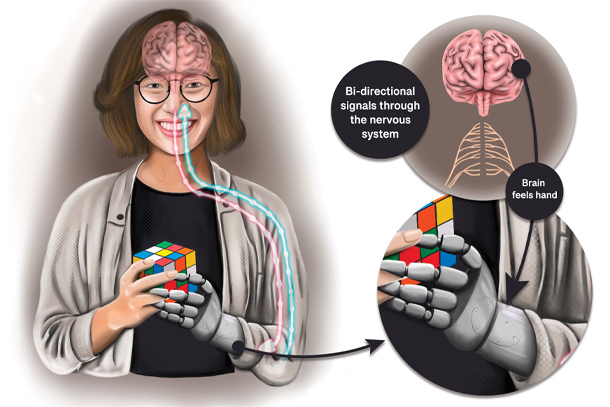 A graphical illustration of an individual using a robotic prosthetic hand.