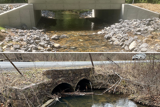 Two stacked photos of stream crossings. 