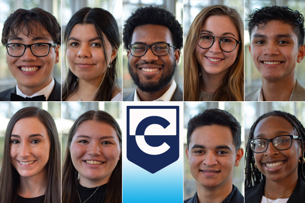 Nine headshots of students with the Clark Foundation logo in the bottom middle
