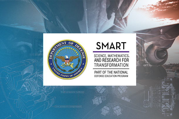 A SMART Department of Defense Logo on a blue and white background depicting an aircraft. 