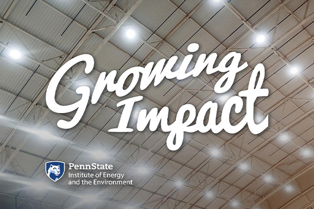 image of building ceiling lights with the words "Growing Impact" in graphic text overlaying.