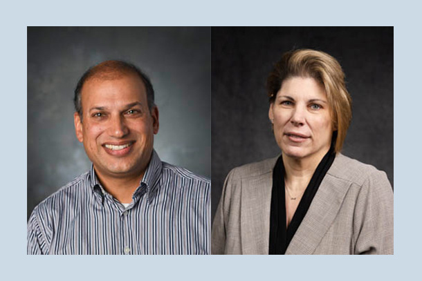 Two professional headshots of individuals on a blue background. 