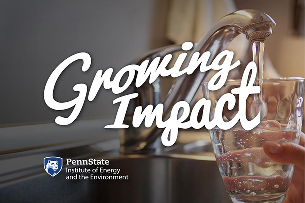 image of a human hand filling a glass with water from sink with the words "Growing Impact" centered over the image