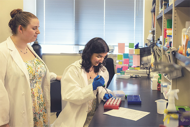 Two individuals performing research in a lab.