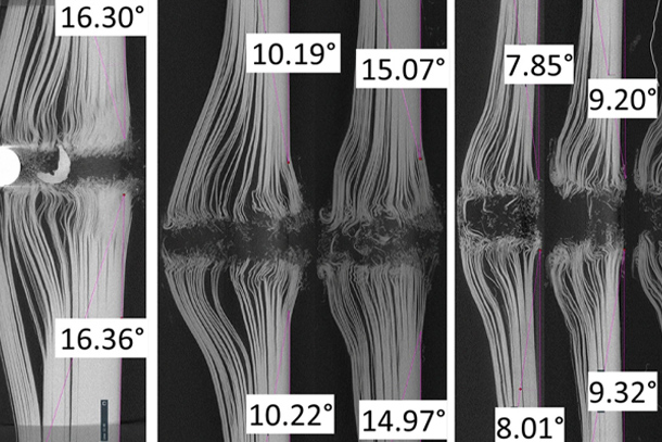 Scan results of hard laminate composites where projectile penetrated the material right to left and the damage angle measurements are shown in degrees. 