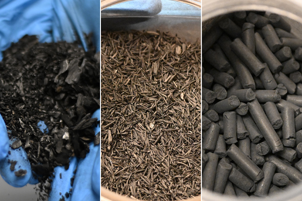 Particles of wood and rice husks seen in plastic container.