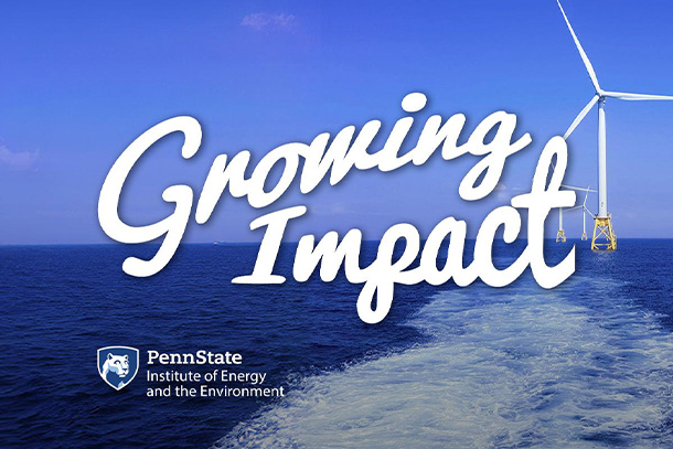 Wind turbine in the ocean with the words "growing impact"