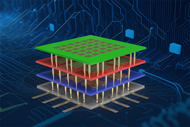 image of four different colored squares spaced on top of eachother, with pins inbetween each square, representing the 3D integration of semiconductors at a massive scale.