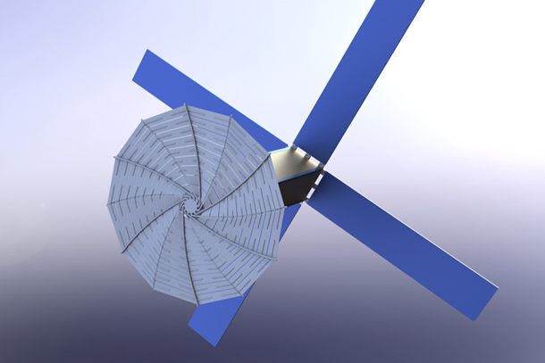 An image that depicts a large blue X with a fan-like attachment.