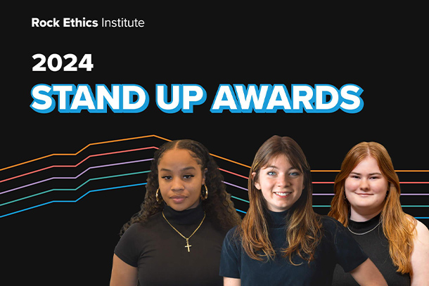 Photos of three people in black shirts are imposed on a background with the text "Rock Ethics Institute 2024 Stand Up Awards"