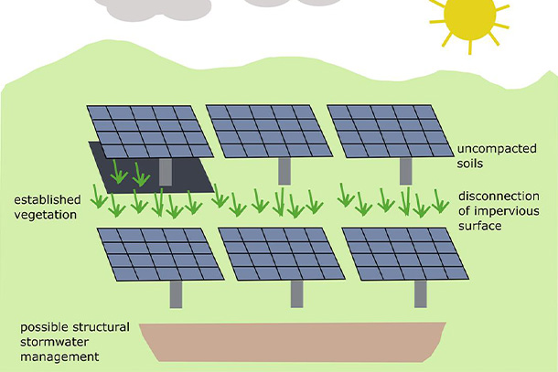 graphic of solar panels, established vegetation, and a possible structural stormwater management system