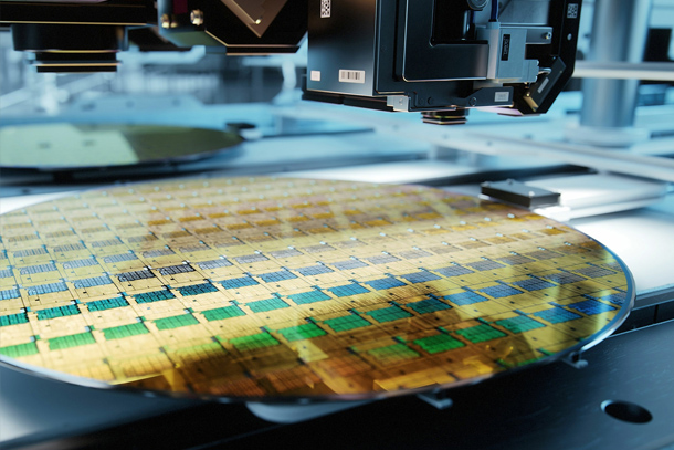 silicon wafer of microchips on production line