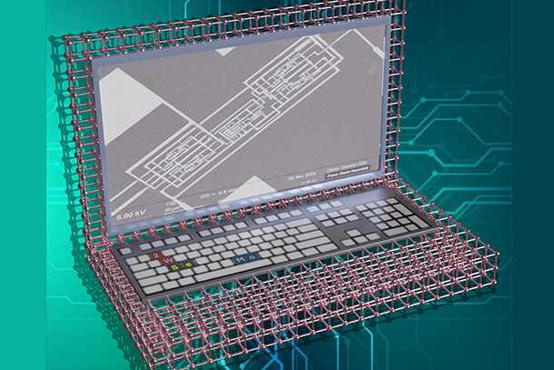 Illustration of a computer with a gray microscope image displayed