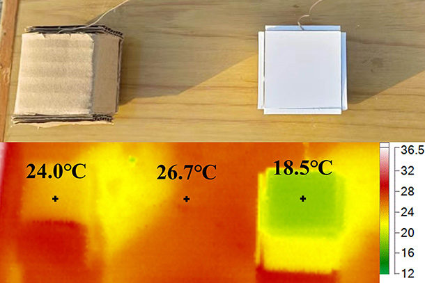 A research schematic showing a cardboard box and a box made of polymer sheets placed in the sun with a temperature gauge below.