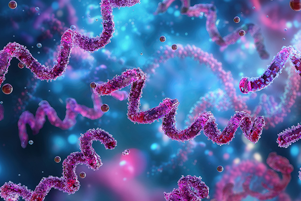 Illustration of purple corkscrew shapes on a blue background