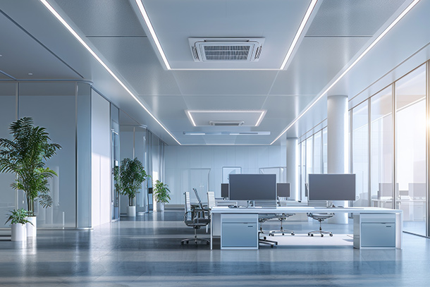 photo of an modern office with desks and windows